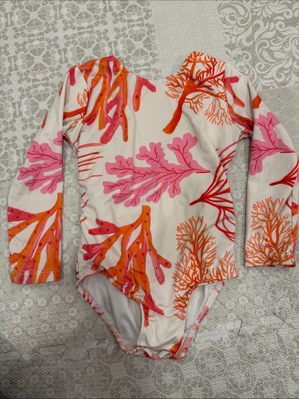 Girls' Long-Sleeve One-Piece Swimsuit in Pink & Orange Coral Print